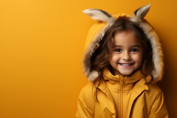 Beautiful blonde girl in a fancy bunny costume. A child in pajamas with rabbit ears smiles cheerfully. Yellow plain background, with space for copy space.