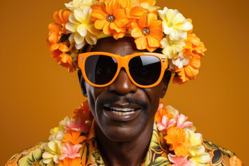 Man wearing flower crown on his head. Can be used for concepts related to nature, festivals, and...