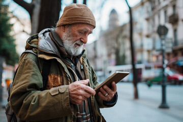An elderly tourist exploring a new city, interesting places. An elderly man with a tablet looking for a route. Traveling and independent travel in retirement