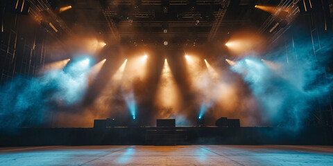 An empty concert stage with illuminated spotlights and smoke