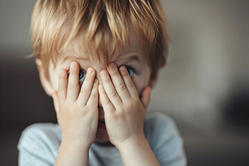 Anxiety is a conceptual image of a beautiful little boy with his hands over his face and one eye between his fingers, standing indoors. He is frightened by something