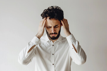 Businessman, headache and stress in the studio due to debt, mental health, bankruptcy or burnout. A man, migraine and frustration from a white background