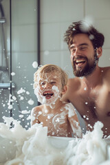 Father and son have fun at home playing with shaving foam in the bathroom