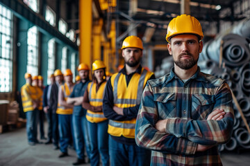 full team of warehouse workers standing in a warehouse. A team of workers, managers, a male director in a modern industrial plant, heavy industry, manufactory