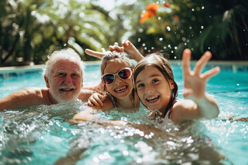 Grandparents have fun with their grandchildren on a family summer vacation at the pool