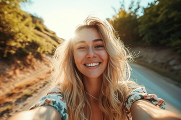 Naklejka premium Happy blonde woman taking selfies, motivation and health, peace and hope. A woman's smile, optimism, dream and concepts of success