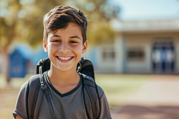 Portrait of a smiling elementary school student outside with a backpack at school