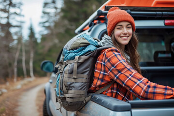 Portrait of a young woman loading a backpack into a pickup truck for a trip to a summer cottage in the countryside