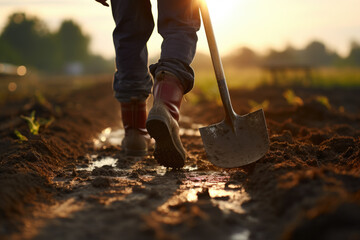Person walking in dirt with shovel. Suitable for construction, gardening, or outdoor activity concepts.