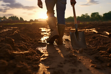 Person standing in field with shovel. Suitable for gardening or construction projects.