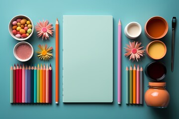 Top view of a well-organized desk with school stationery like pens, pencils, and paper neatly arranged on a soothing pastel surface