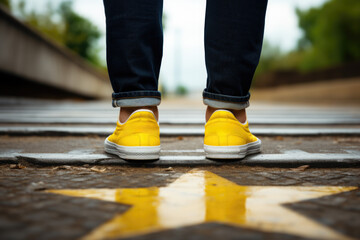 Person standing on street wearing yellow shoes. Perfect for fashion and urban lifestyle themes.