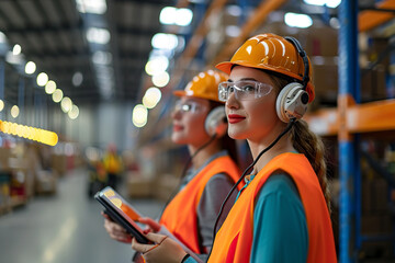 Portrait of two female workers using headphones in a distribution warehouse with a digital tablet
