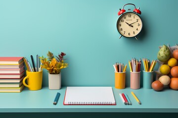 Top view of a well-organized desk with school stationery like pens, pencils, and paper neatly arranged on a soothing pastel surface - obrazy, fototapety, plakaty