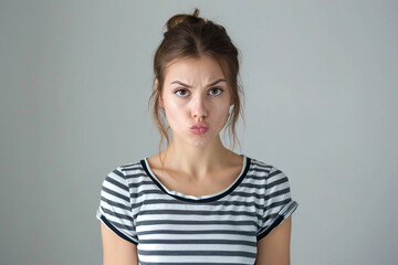Shot of a pleasant appearance Young beautiful woman in a striped T-shirt, pouting her lips, looking at the camera, human expression