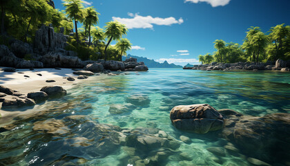 Fototapeta na wymiar Tropical coastline, blue water, palm tree, serene sunset generated by AI