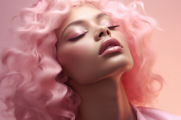 Close-up shot of woman with vibrant pink hair. Perfect for fashion magazines, beauty blogs, or hair salon advertisements.