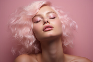 Fototapeta premium Woman with pale pink hair and pink makeup. Suitable for beauty and fashion concepts.