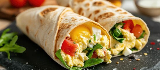 Nourishing meal or snack for tortilla wraps, eggs, cottage cheese, fruits, and veggies.