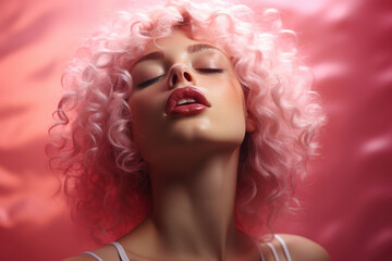 Obraz premium Woman with vibrant pink hair wearing white tank top. This image can be used for various purposes.