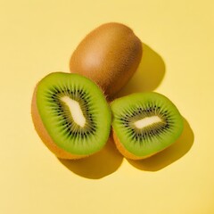 Close up of Ripe kiwi on a yellow top view