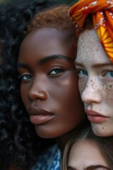 A group of women with freckles on their heads. This versatile image can be used to portray diversity, friendship, beauty, or natural features