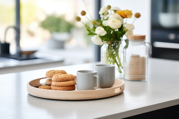 Delicious plate of cookies and steaming cup of coffee sitting on countertop. Perfect for food and beverage themed projects. - Powered by Adobe