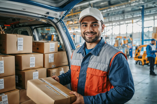 Junger Paketbote mit dunklem Bart, Arbeitskleidung und Kappe l&auml;chelt und hebt Pakete in ein Lieferfahrzeug