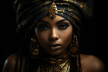 Woman wearing turban and adorned with gold jewelry. This image can be used to showcase cultural diversity or as fashion statement.