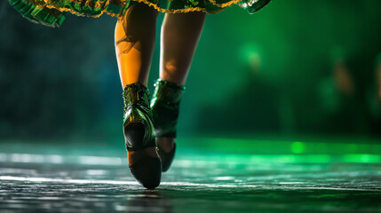Irish dancing legs close up on stage on bright green lighting stage background with copy space, concept of St Patrick celebration, ethnic dancing event.
