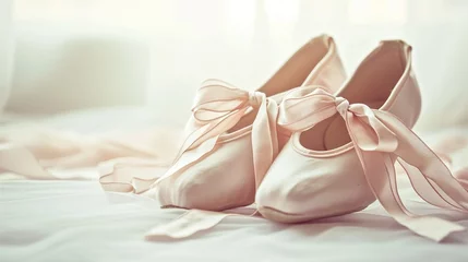 Papier Peint photo Lavable École de danse Ballet shoes with strips bow isolated on white graceful background with copy space, concept of hobbies and dancing and elegant lifestyle.