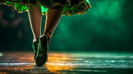 Irish dancing legs close up on stage on bright green lighting stage background with copy space, concept of St Patrick celebration, ethnic dancing event.