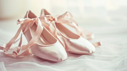 Obraz na płótnie Canvas Ballet shoes with strips bow isolated on white graceful background with copy space, concept of hobbies and dancing and elegant lifestyle.