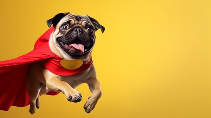 superhero dog, Cute pug with a red cloak and mask jumping and flying on yellow background with copy space. The concept of a superhero, funny dog pet, leader, funny animal studio shot