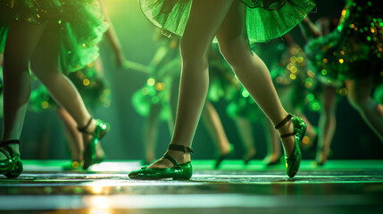 Irish dancing legs close up on stage on bright green lighting stage background with copy space, concept of St Patrick celebration, ethnic dancing event. - obrazy, fototapety, plakaty