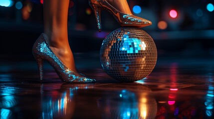 Woman feet in shiny luxury stilettos heels step on a silver sparkling disco ball on dark ball stage background with copy space, concept of party queen. - obrazy, fototapety, plakaty