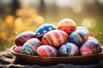 Beautifully decorated easter eggs on lush green lawn, traditional hand-painted easter eggs for sale