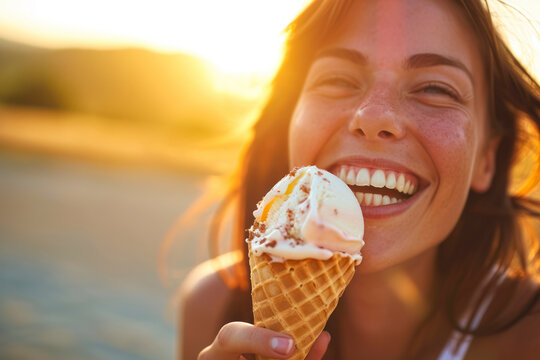 Ice cream cone joy, a joyful image capturing the simple of enjoying an ice cream cone on a sunny day, with a happy woman taking a bite.