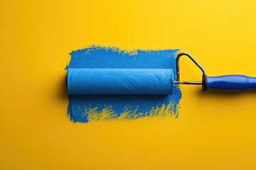 Blue paint roller on a vibrant yellow background. Perfect for artistic projects or interior design themes
