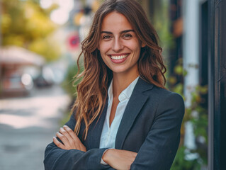 Portrait of a young happy pretty smiling professional business woman, happy confident positive female entrepreneur standing outdoor on street arms crossed, looking at camera