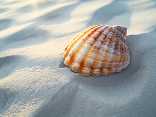 Minimalist photo of a seashell on a sandy surface.