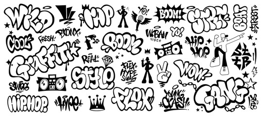  rap music graffiti hip hop culture symbols icon set , vector design element