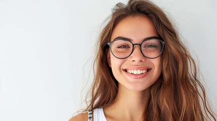 Obraz premium In this engaging portrait, a cheerful and satisfied woman with glasses exudes confidence against a pristine white background. Her happiness is palpable in her bright smile.