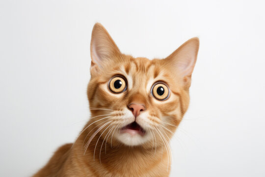 Close-up shot of cat with surprised expression on its face. This image can be used to depict shock, surprise, or curiosity.