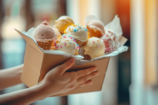 Ice cream delivery delight, a cheerful image featuring an ice cream delivery person handing over a delightful package of assorted ice cream treats.