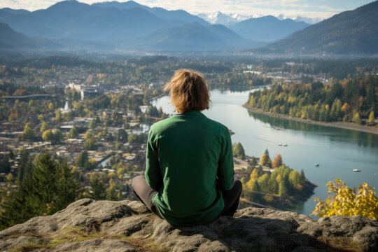 Person is sitting on rock, gazing out at serene lake. This image can be used to depict relaxation and enjoying nature.