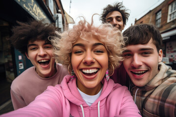 Fototapeta premium Group of young people capturing moment with selfie. Perfect for social media and technology-related content.