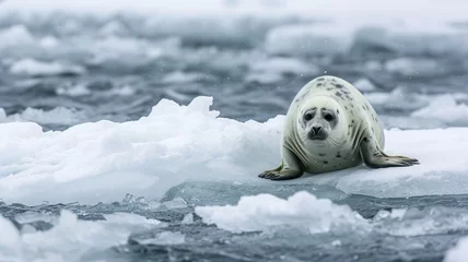  melting glaciers and Arctic animals and seal fleeing from the storm Arctic Blast through water and glaciers on snow, life in extreme conditions © Anna