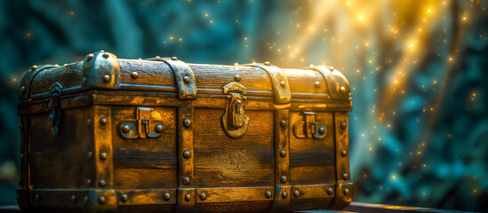 Old pirate treasure chest hidden in a cave - obrazy, fototapety, plakaty
