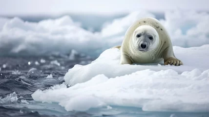 Zelfklevend Fotobehang melting glaciers and Arctic animals and seal fleeing from the storm Arctic Blast through water and glaciers on snow, life in extreme conditions © Anna